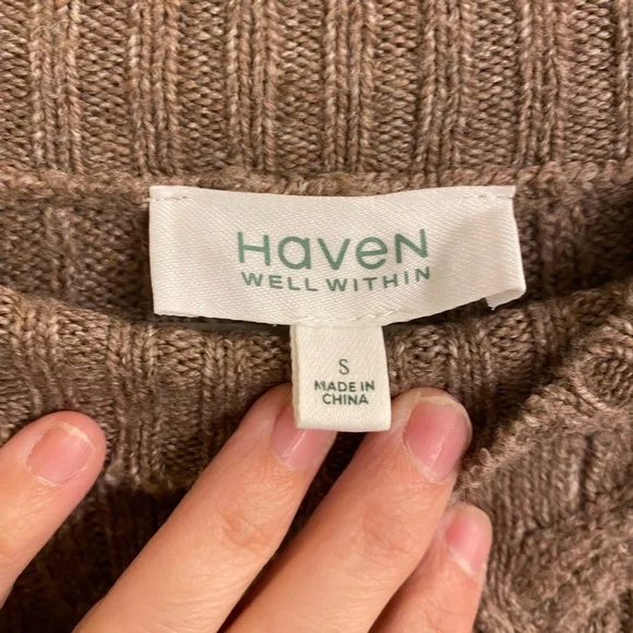 HAVEN WELL WITHIN ORGANIC COTTON CABLE KNIT SWEATER MOCK NECK BROWN SIZE SMALL - Picture 3 of 13